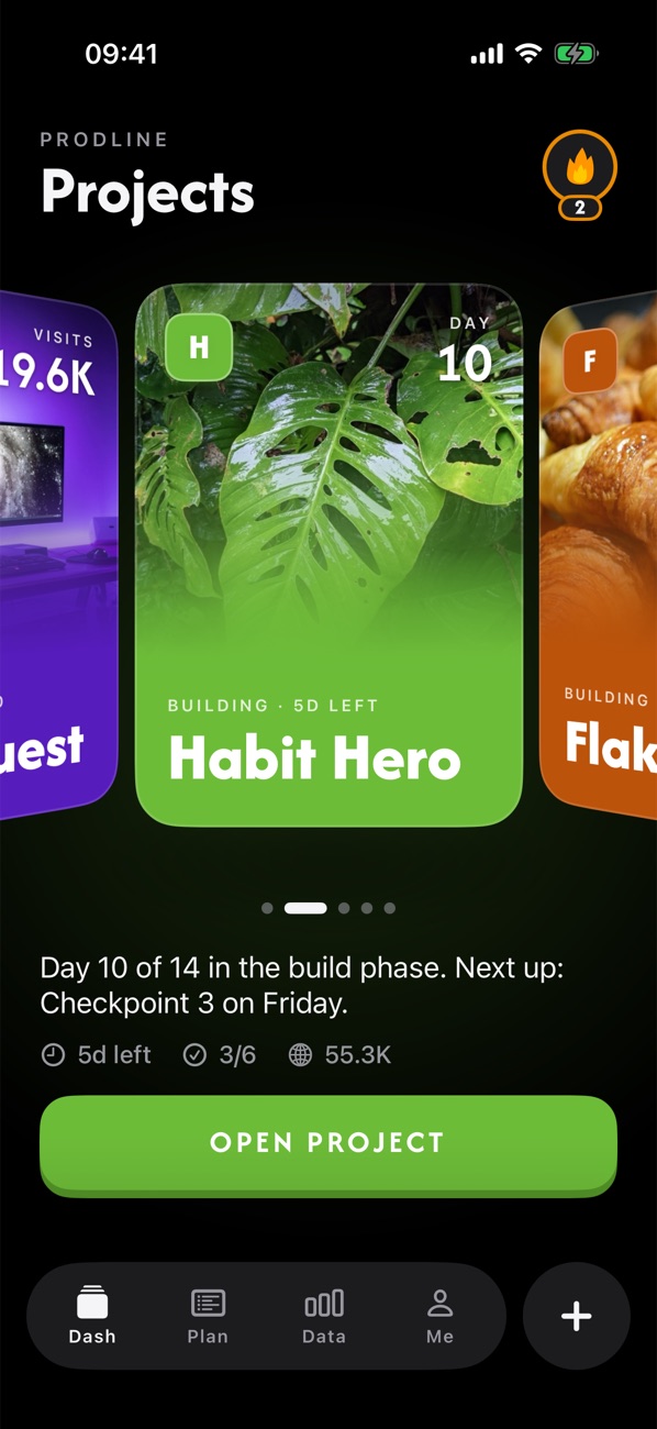 Dash: your projects as cards, with the streak in the corner