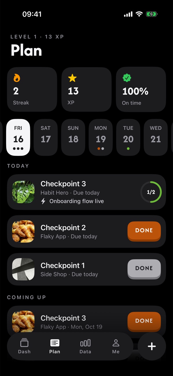 The Plan tab: streak, XP, the week ahead and today's checkpoints